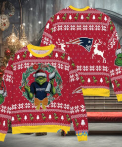 New England Patriots x Grinch NFL Dr. Seuss How the Grinch Stole Christmas with Super Bowl Trophy Ugly Christmas Sweater Red