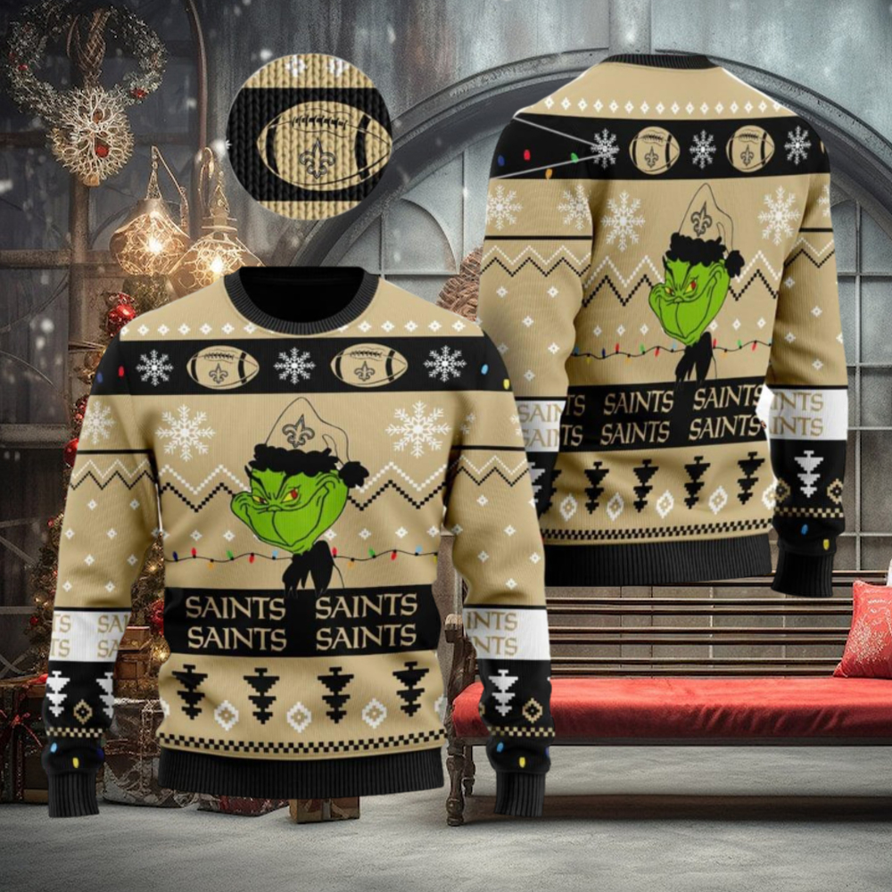 New Orleans Saints American NFL Football Team Logo Cute Grinch Ugly Christmas Sweater New Orleans Saints American NFL Football Team Logo Cute Grinch Ugly Christmas Sweater