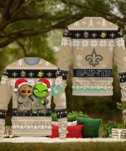 New Orleans Saints Baby Groot And Grinch Ugly Christmas Sweaters