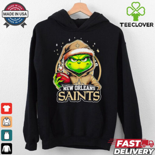 New Orleans Saints Grinch wearing Santa hat Christmas 2024 shirt