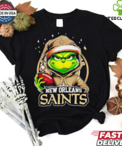 New Orleans Saints Grinch wearing Santa hat Christmas 2024 shirt