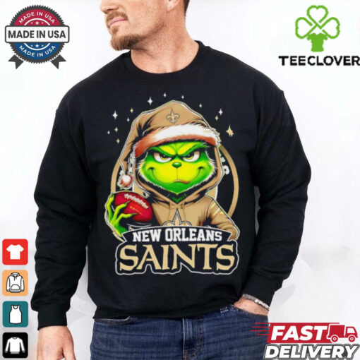 New Orleans Saints Grinch wearing Santa hat Christmas 2024 shirt