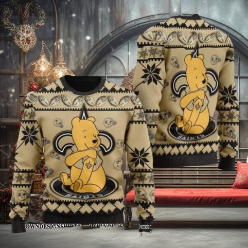 New Orleans Saints NFL American Football Team Logo Cute Winnie The Pooh Bear 3D Ugly Christmas Sweater Shirt For Men And Women On Xmas Days2