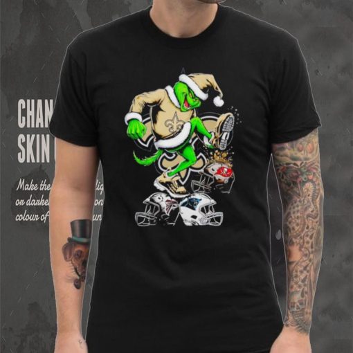 New Orleans Saints Santa Grinch stomp NFL helmets funny Christmas shirt