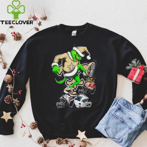 New Orleans Saints Santa Grinch stomp NFL helmets funny Christmas shirt
