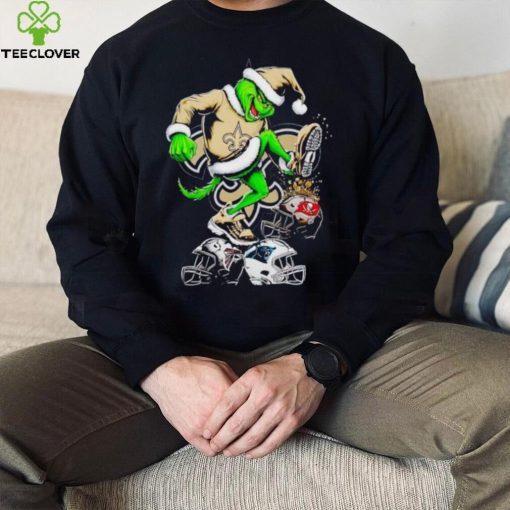 New Orleans Saints Santa Grinch stomp NFL helmets funny Christmas shirt