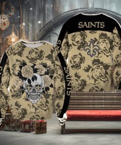 New Orleans Saints Skull And Rose Pattern Woolen Halloween Ugly Sweater For Men And Women Gift Christmas