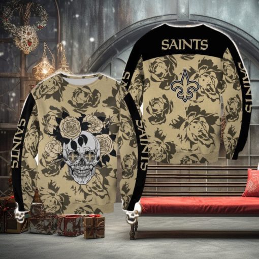 New Orleans Saints Skull And Rose Pattern Woolen Halloween Ugly Sweater For Men And Women Gift Christmas