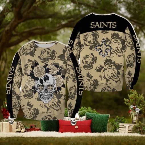 New Orleans Saints Skull And Rose Pattern Woolen Halloween Ugly Sweater For Men And Women Gift Christmas