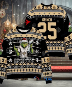 New Orleans Saints x Grinch Christmas Dr. Seuss How the Grinch Stole Christmas with Super Bowl Trophy Custom Ugly Christmas Sweater