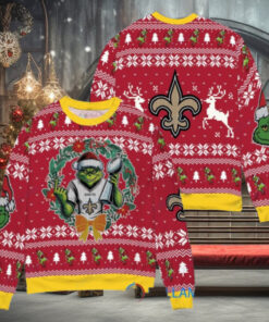 New Orleans Saints x Grinch NFL Dr. Seuss How the Grinch Stole Christmas with Super Bowl Trophy Ugly Christmas Sweater Red