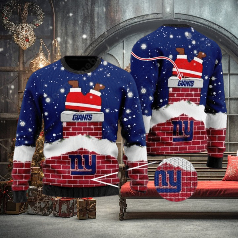 New York Giants Santa Claus On Chimney Personalized Name Ugly Christmas Sweater New York Giants Santa Claus On Chimney Personalized Name Ugly Christmas Sweater