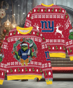 New York Giants x Grinch NFL Dr. Seuss How the Grinch Stole Christmas with Super Bowl Trophy Ugly Christmas Sweater Red