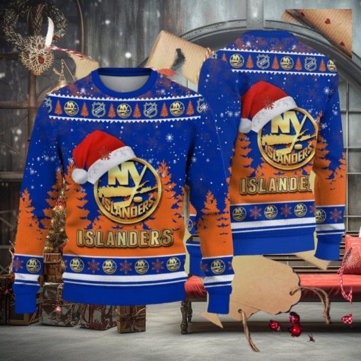 New York Islanders Logo Golden Fans Santa Hat Tree Knitted Christmas Sweater