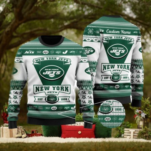 New York Jets Football Team Logo Ugly Christmas Sweater Custom Name Christmas For Fans