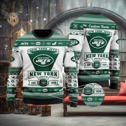 New York Jets Football Team Logo Ugly Christmas Sweater Custom Name Christmas For Fans