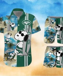 New York Jets Snoopy Surfing On The Beach All Over Print Combo Hawaiian Shirt And Beach Shorts