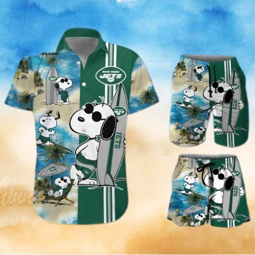 New York Jets Snoopy Surfing On The Beach All Over Print Combo Hawaiian Shirt And Beach Shorts