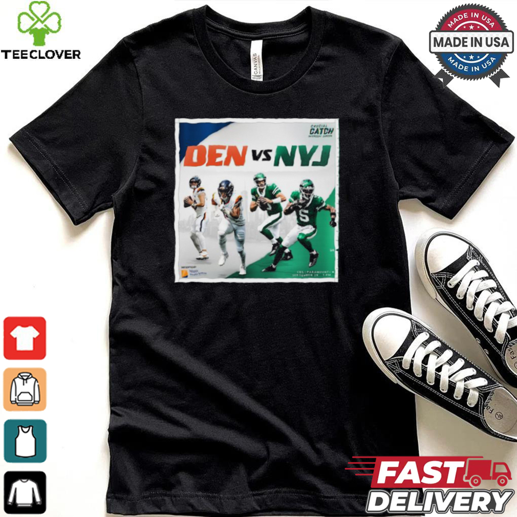 New York Jets vs. Denver Broncos 2024 NFL Week 4 Crucial Catch Matchup T Shirt New York Jets vs. Denver Broncos 2024 NFL Week 4 Crucial Catch Matchup T Shirt