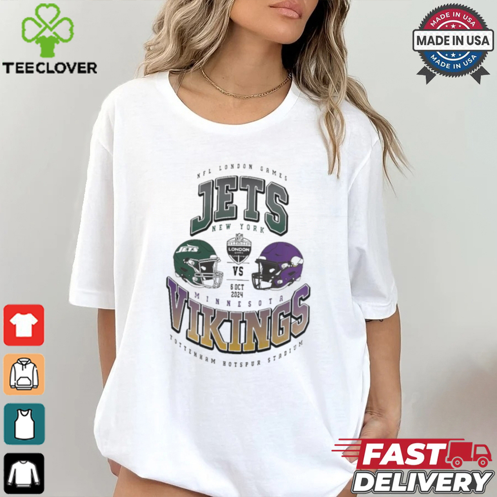 New York Jets vs. Minnesota Vikings 2024 NFL London Games Gridiron Showdown helmet shirt New York Jets vs. Minnesota Vikings 2024 NFL London Games Gridiron Showdown helmet shirt