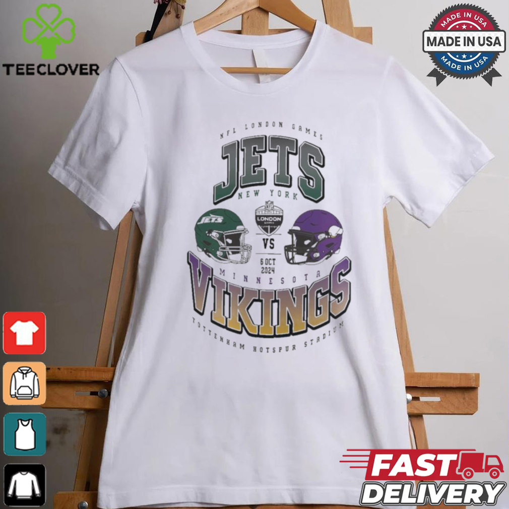 New York Jets vs. Minnesota Vikings 2024 NFL London Games Gridiron Showdown helmet shirt New York Jets vs. Minnesota Vikings 2024 NFL London Games Gridiron Showdown helmet shirt