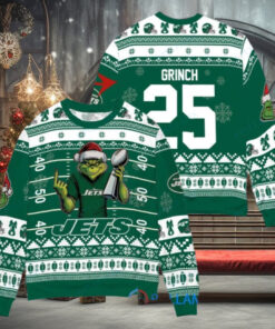 New York Jets x Grinch Christmas Dr. Seuss How the Grinch Stole Christmas with Super Bowl Trophy Custom Ugly Christmas Sweater