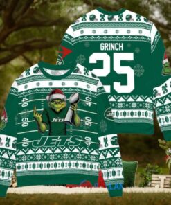 New York Jets x Grinch Christmas Dr. Seuss How the Grinch Stole Christmas with Super Bowl Trophy Custom Ugly Christmas Sweater