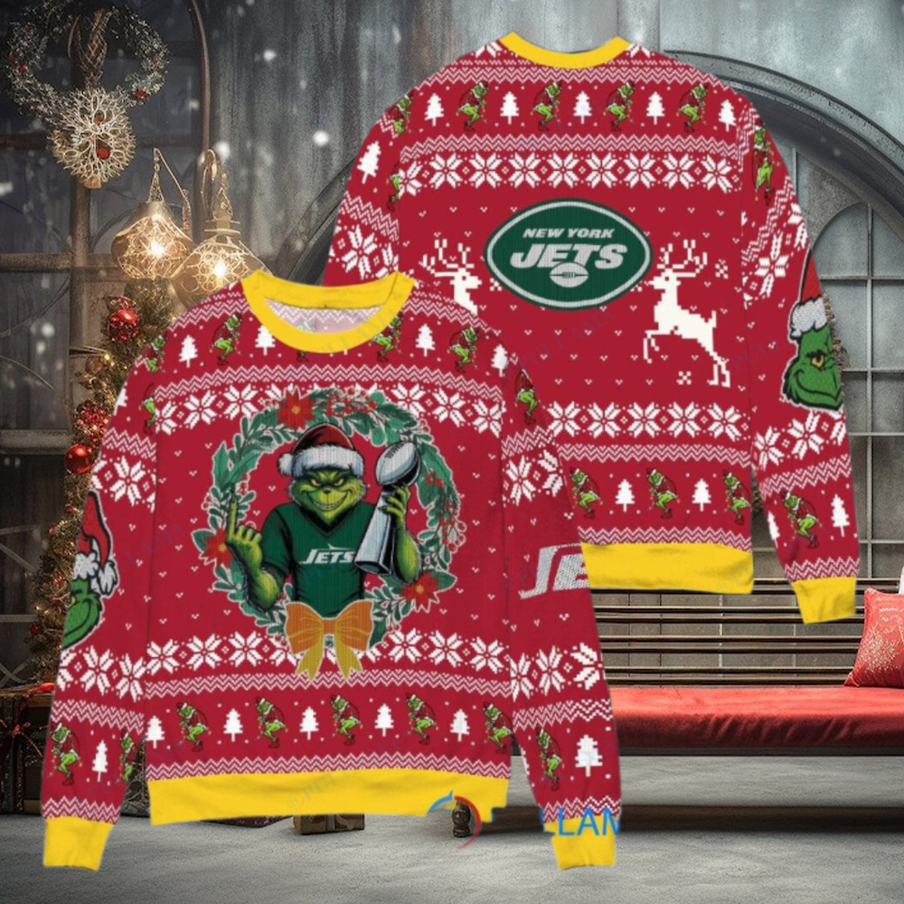 New York Jets x Grinch NFL Dr. Seuss How the Grinch Stole Christmas with Super Bowl Trophy Ugly Christmas Sweater Red New York Jets x Grinch NFL Dr. Seuss How the Grinch Stole Christmas with Super Bowl Trophy Ugly Christmas Sweater Red