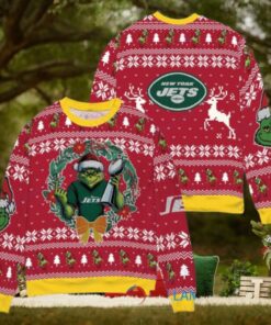 New York Jets x Grinch NFL Dr. Seuss How the Grinch Stole Christmas with Super Bowl Trophy Ugly Christmas Sweater Red