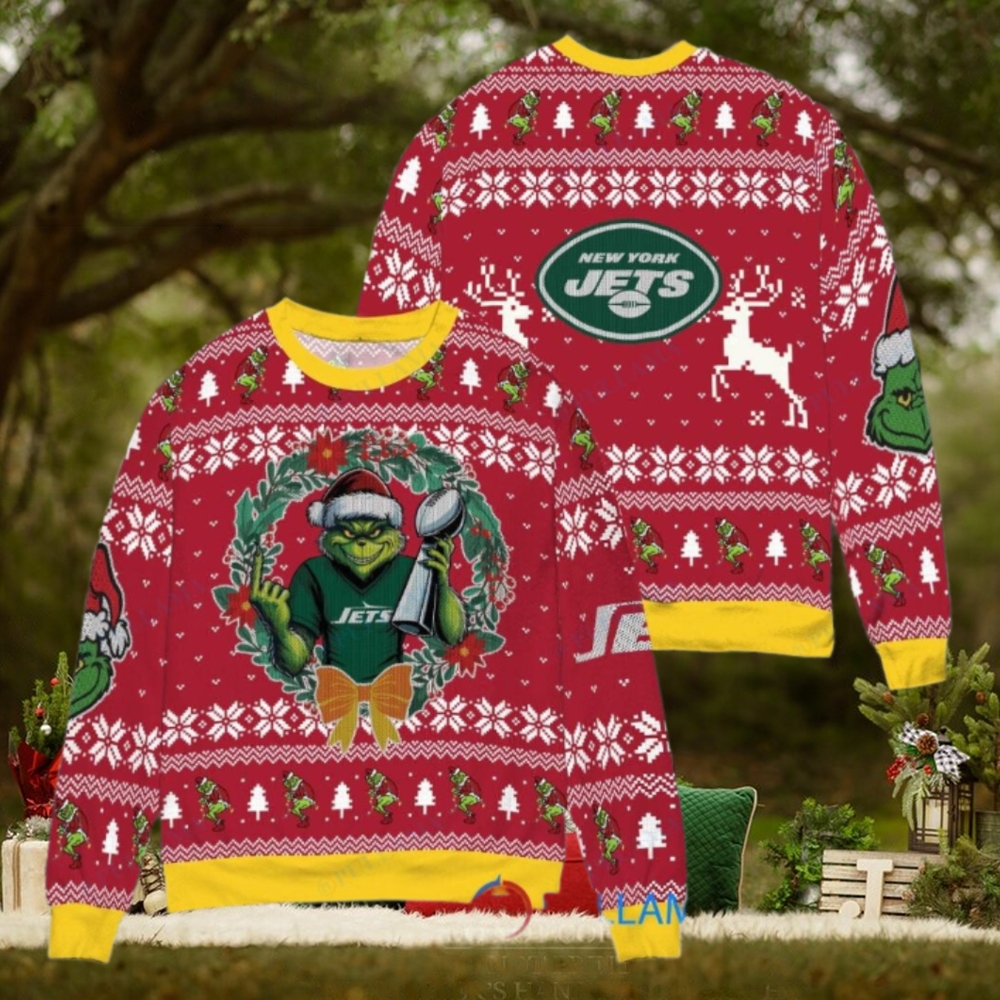 New York Jets x Grinch NFL Dr. Seuss How the Grinch Stole Christmas with Super Bowl Trophy Ugly Christmas Sweater Red New York Jets x Grinch NFL Dr. Seuss How the Grinch Stole Christmas with Super Bowl Trophy Ugly Christmas Sweater Red
