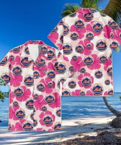 New York Mets Pink White Hibiscus Misty Rose Background 3D Hawaiian Shirt Gift For Fans