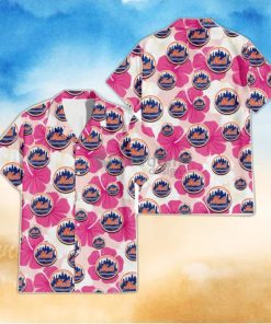 New York Mets Pink White Hibiscus Misty Rose Background 3D Hawaiian Shirt Gift For Fans