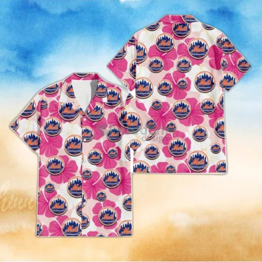 New York Mets Pink White Hibiscus Misty Rose Background 3D Hawaiian Shirt Gift For Fans