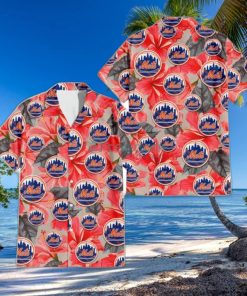 New York Mets Red Hibiscus Gray Leaf Beige Background 3D Hawaiian Shirt Gift For Fans