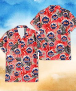 New York Mets Red Hibiscus Gray Leaf Beige Background 3D Hawaiian Shirt Gift For Fans