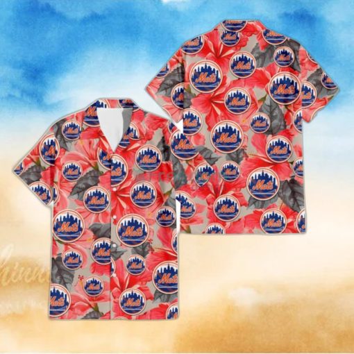 New York Mets Red Hibiscus Gray Leaf Beige Background 3D Hawaiian Shirt Gift For Fans