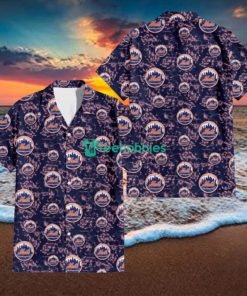 New York Mets Thistle Sketch Hibiscus Dark Slate Blue Background 3D Hawaiian Shirt Gift For Fans