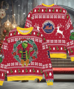 New York Mets x Grinch Dr. Seuss How the Grinch Stole Christmas MLB with World Series Trophy Ugly Christmas Sweater Red