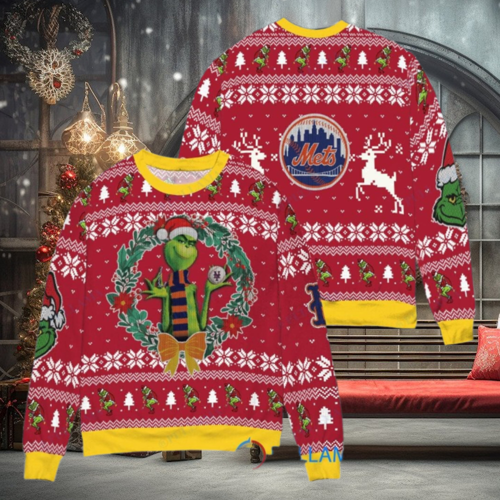 New York Mets x Grinch Dr. Seuss How the Grinch Stole Christmas MLB with World Series Trophy Ugly Christmas Sweater Red New York Mets x Grinch Dr. Seuss How the Grinch Stole Christmas MLB with World Series Trophy Ugly Christmas Sweater Red