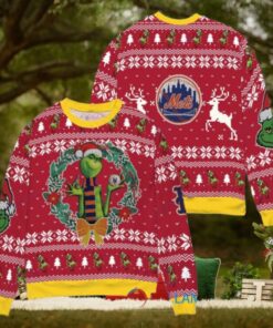 New York Mets x Grinch Dr. Seuss How the Grinch Stole Christmas MLB with World Series Trophy Ugly Christmas Sweater Red