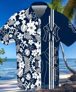 New York Yankees All Over Print Stripes Flowery Aloha Summer Beach Hawaiian Shirt – Navy