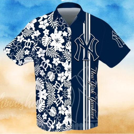 New York Yankees All Over Print Stripes Flowery Aloha Summer Beach Hawaiian Shirt – Navy