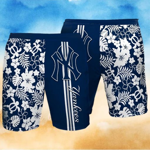 New York Yankees All Over Print Stripes Flowery Summer Hawaiian Beach Shorts – Navy