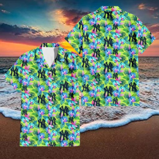 New York Yankees Blue Orchid Green Pink Leaf Green Background 3D Hawaiian Shirt Gift For Fans