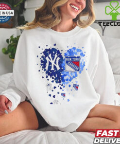 New York Yankees and New York Rangers Heart Tiny 2024 T Shirt White