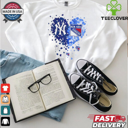 New York Yankees and New York Rangers Heart Tiny 2024 T Shirt White