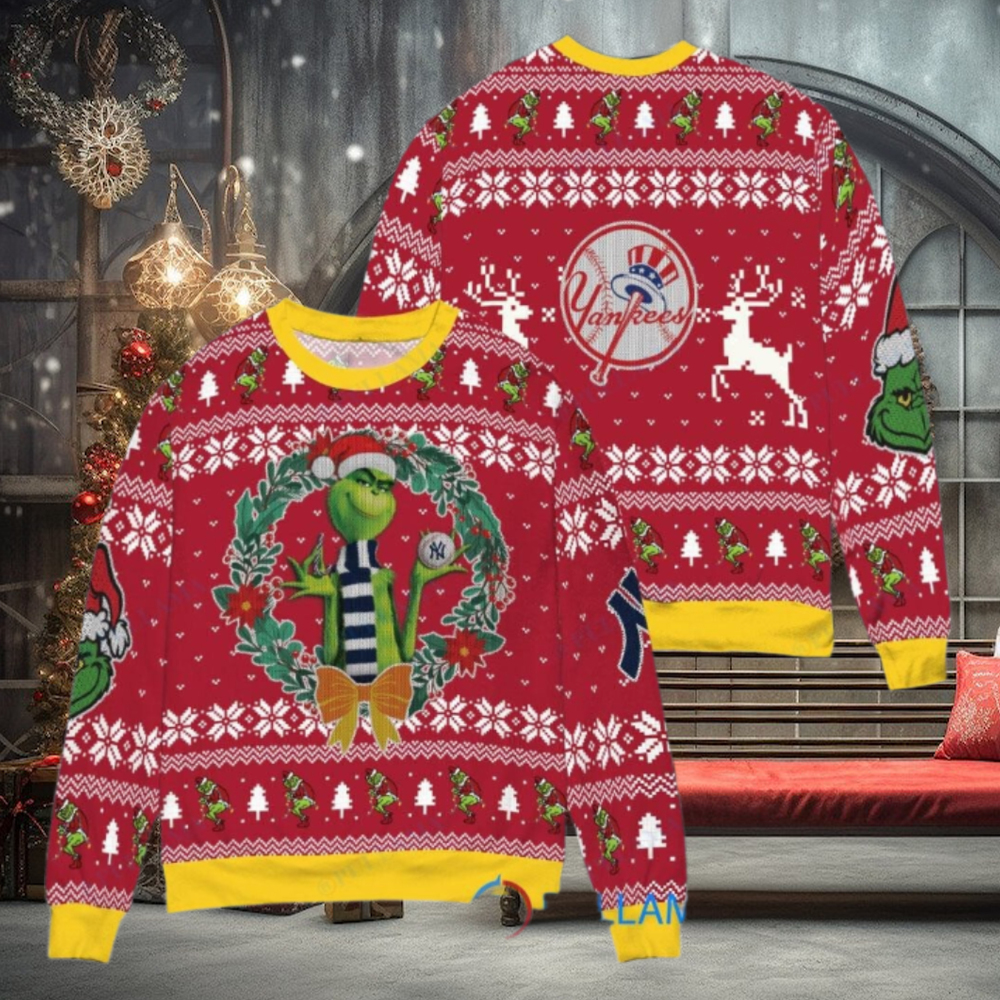 New York Yankees x Grinch Dr. Seuss How the Grinch Stole Christmas MLB with World Series Trophy Ugly Christmas Sweater Red New York Yankees x Grinch Dr. Seuss How the Grinch Stole Christmas MLB with World Series Trophy Ugly Christmas Sweater Red