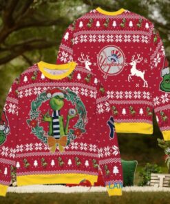New York Yankees x Grinch Dr. Seuss How the Grinch Stole Christmas MLB with World Series Trophy Ugly Christmas Sweater Red