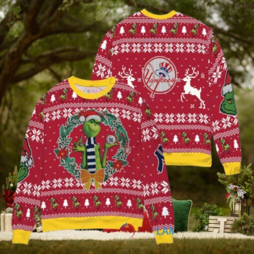New York Yankees x Grinch Dr. Seuss How the Grinch Stole Christmas MLB with World Series Trophy Ugly Christmas Sweater Red