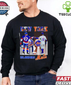 New York city skyline Islanders Lee and Mets Lindor signatures shirt